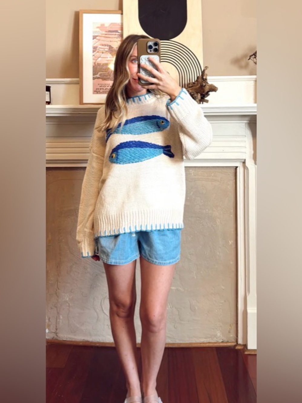 Cream Embroidered Fish Intarsia Sweater - Blue Fish